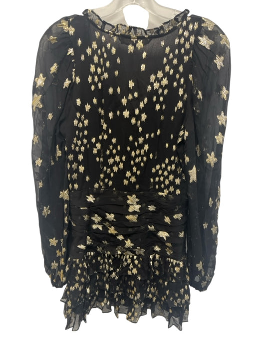 Loveshackfancy Size 2 Black & Gold Silk V Neck Clip Dots Metallic Tie Belt Dress Black & Gold / 2