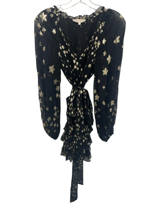 Loveshackfancy Size 2 Black & Gold Silk V Neck Clip Dots Metallic Tie Belt Dress Black & Gold / 2