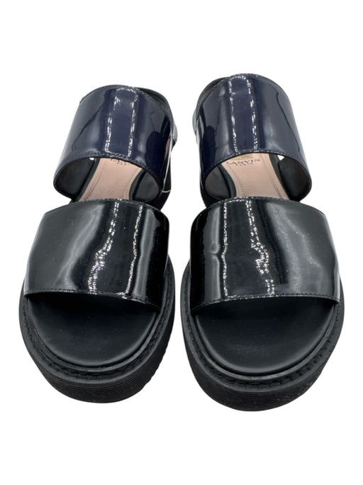 Lanvin Shoe Size 37.5 Black & Navy Patent Leather Round Toe 2 Strap Sandals Black & Navy / 37.5