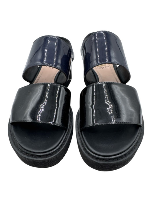 Lanvin Shoe Size 37.5 Black & Navy Patent Leather Round Toe 2 Strap Sandals Black & Navy / 37.5