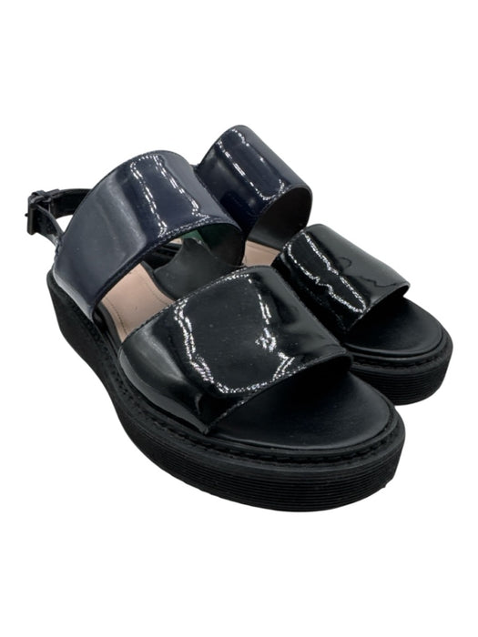 Lanvin Shoe Size 37.5 Black & Navy Patent Leather Round Toe 2 Strap Sandals Black & Navy / 37.5