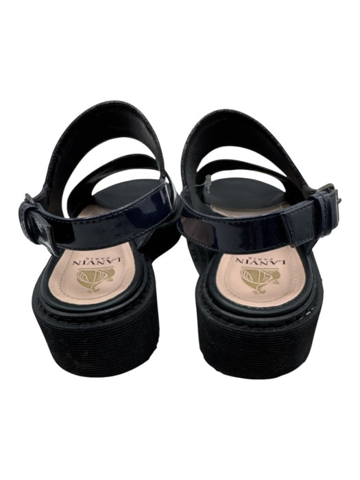 Lanvin Shoe Size 37.5 Black & Navy Patent Leather Round Toe 2 Strap Sandals Black & Navy / 37.5