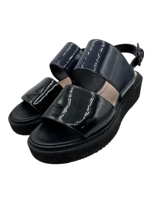 Lanvin Shoe Size 37.5 Black & Navy Patent Leather Round Toe 2 Strap Sandals Black & Navy / 37.5