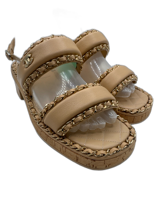 Chanel Shoe Size 38 Tan & Gold Leather Chain Detail Square Toe Sandals Tan & Gold / 38