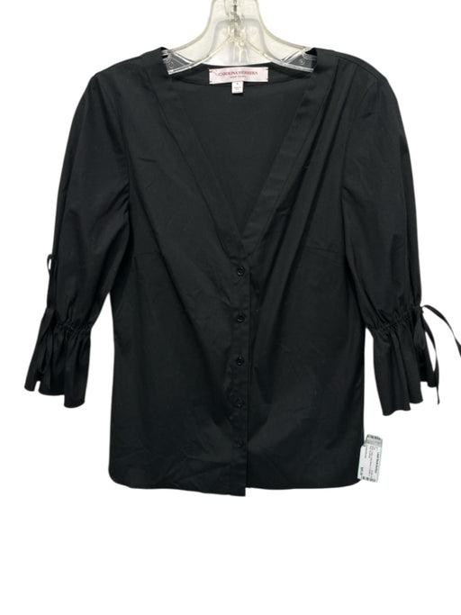 Carolina Herrera Size 4 Black Cotton Long Sleeve 1/2 Button V Neck Top Black / 4