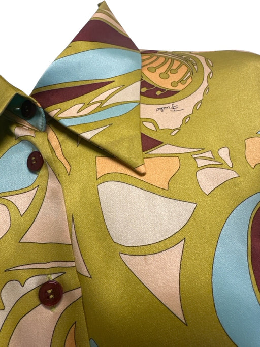 Emilio Pucci Size 8 Green, Aqua, Brown Silk Blend Abstract Button Down Top Green, Aqua, Brown / 8