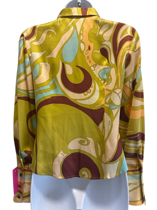 Emilio Pucci Size 8 Green, Aqua, Brown Silk Blend Abstract Button Down Top Green, Aqua, Brown / 8