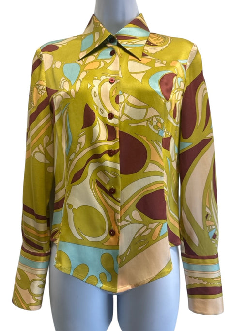 Emilio Pucci Size 8 Green, Aqua, Brown Silk Blend Abstract Button Down Top Green, Aqua, Brown / 8