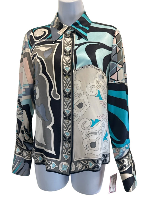 Emilio Pucci Size 8 Blue, Black, Gray Silk Blend Abstract Button Down Blouse Top Blue, Black, Gray / 8