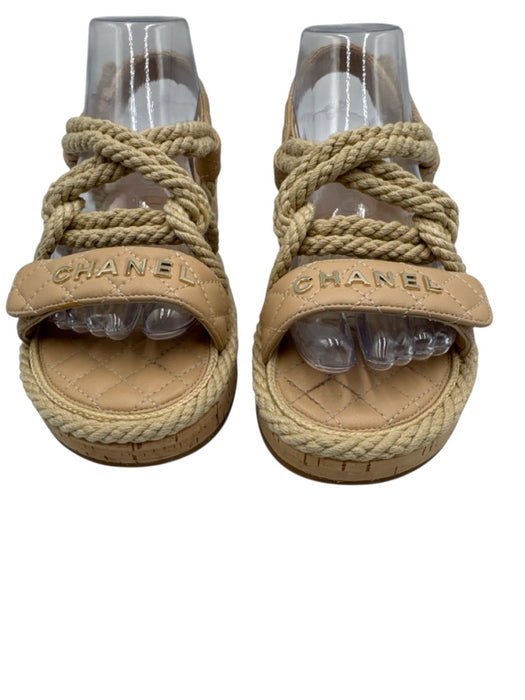 Chanel Shoe Size 38 Beige Leather Cork Rope Logo Flats Sandals Beige / 38