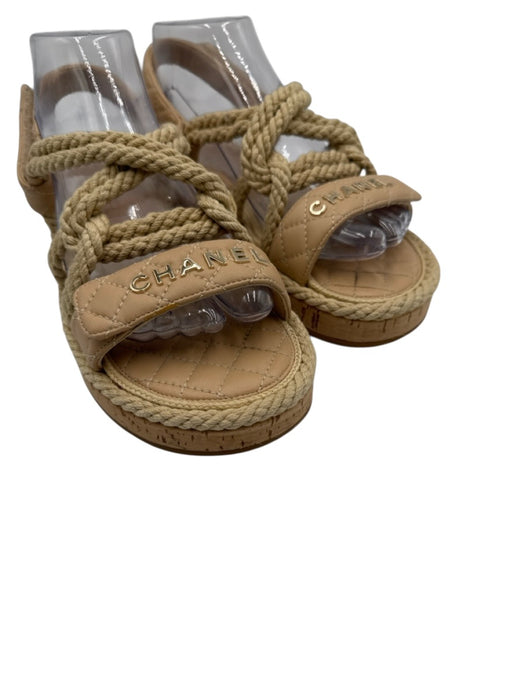 Chanel Shoe Size 38 Beige Leather Cork Rope Logo Flats Sandals Beige / 38