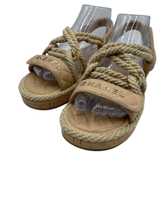 Chanel Shoe Size 38 Beige Leather Cork Rope Logo Flats Sandals Beige / 38