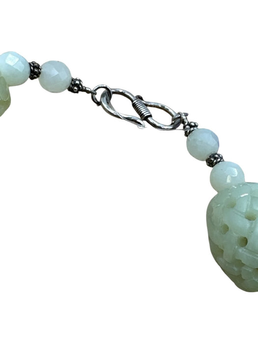 No Brand Light Green & Silver 925 Sterling Silver Carved Ornate Stone Necklace Light Green & Silver