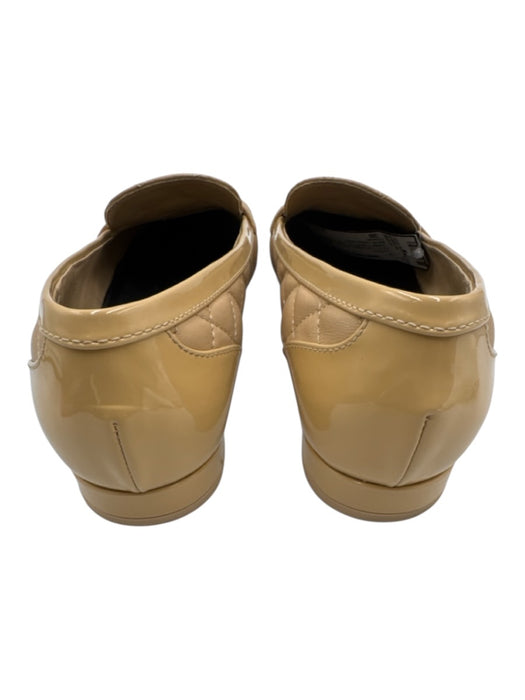 Chanel Shoe Size 38 Tan Beige Lambskin Leather Quilted Patent Toe Logo Loafers Tan Beige / 38