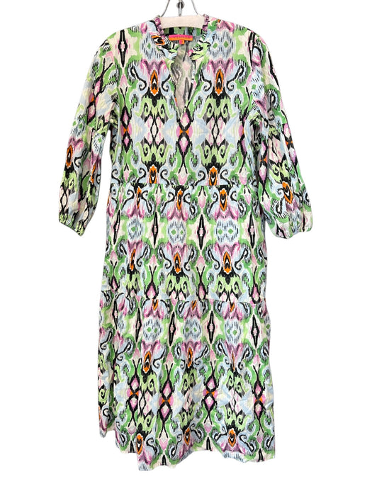 Vilagallo Size 42 Green, Orange & multi Cotton round split neck 3/4 Sleeve Dress Green, Orange & multi / 42