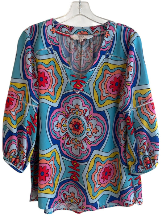 Crosby Size S Blue & Multi Polyester V Neck Floral 3/4 Sleeve Lace Detail Top Blue & Multi / S