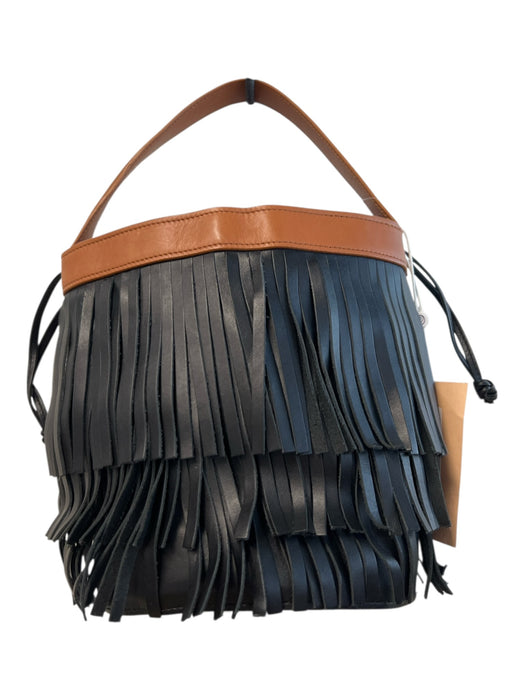 Pearl by Lela Rose Black & Brown Leather Top Handle Fringe Drawstring Bag Black & Brown / S