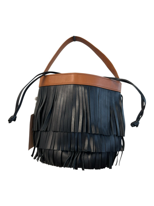 Pearl by Lela Rose Black & Brown Leather Top Handle Fringe Drawstring Bag Black & Brown / S