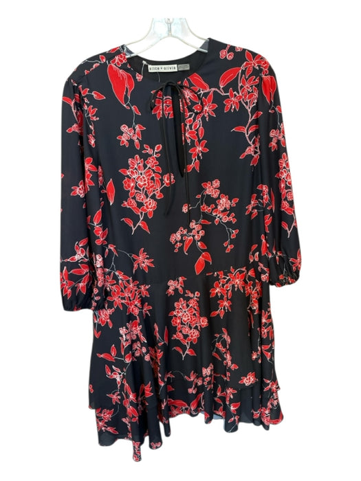 Alice & Olivia Size L Black & Red Polyester Long Balloon Sleeve V Neck Dress Black & Red / L