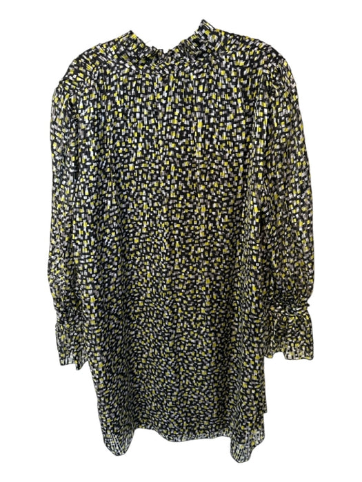 Alice & Olivia Size L Black & Yellow Silk Blend Long Balloon Sleeve V Neck Dress Black & Yellow / L