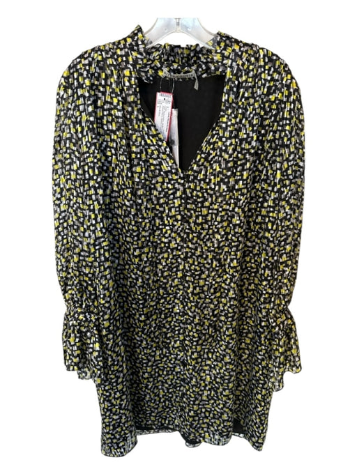 Alice & Olivia Size L Black & Yellow Silk Blend Long Balloon Sleeve V Neck Dress Black & Yellow / L
