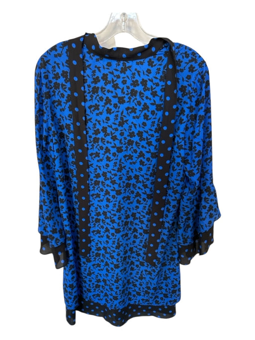 Alice & Olivia Size M Black & Blue Polyester Long Bell Sleeve Flowers Dress Black & Blue / M