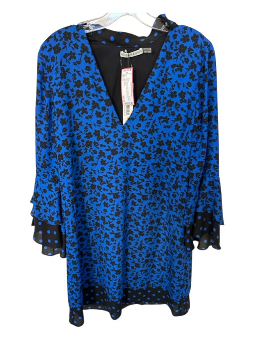 Alice & Olivia Size M Black & Blue Polyester Long Bell Sleeve Flowers Dress Black & Blue / M