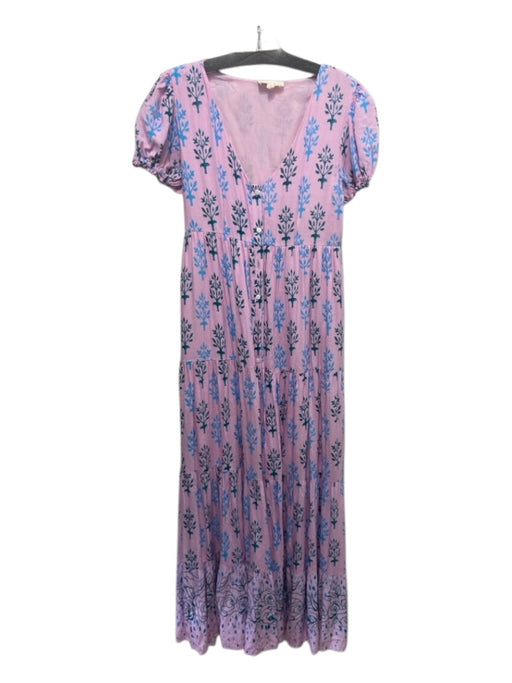 Celina Moon Size S Pink & blue Viscose Leaf Motif Short Puff Sleeve Maxi Dress Pink & blue / S