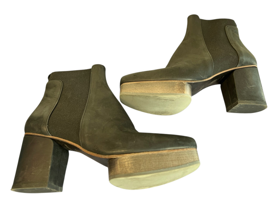 Coclico Black Leather Stretch Panel Square Toe Ankle High Platform Booties Black