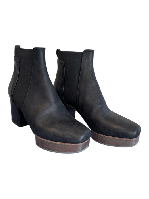 Coclico Black Leather Stretch Panel Square Toe Ankle High Platform Booties Black