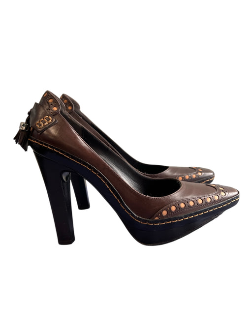 Celine Shoe Size 36 Brown & Amber Leather 2 Tone Wing Tip High Heel Tassel Shoes Brown & Amber / 36