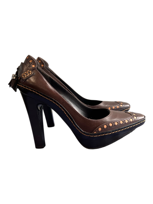 Celine Shoe Size 36 Brown & Amber Leather 2 Tone Wing Tip High Heel Tassel Shoes Brown & Amber / 36