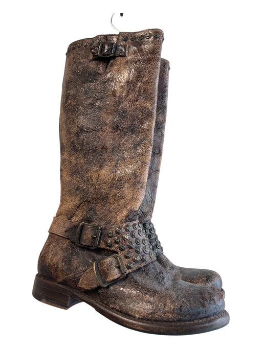Frye Shoe Size 6.5 Brown & Black Leather Crackle Round Toe Buckle Detail Boots Brown & Black / 6.5