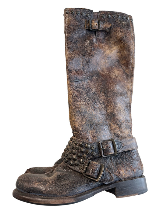 Frye Shoe Size 6.5 Brown & Black Leather Crackle Round Toe Buckle Detail Boots Brown & Black / 6.5