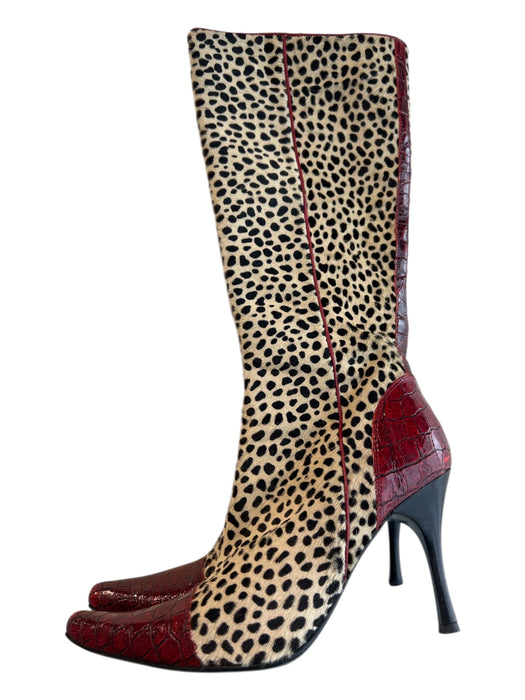 Donald Pliner Shoe Size 6.5 Tan, Black & Red Leather & Calf Hair Knee High Boots Tan, Black & Red / 6.5