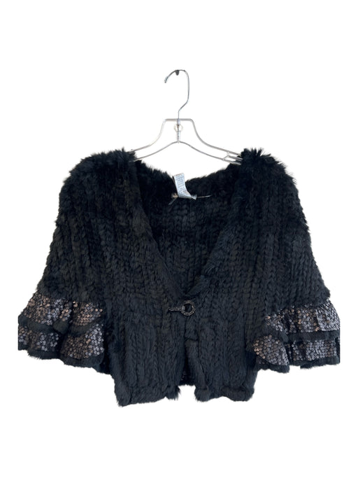 Alberta Makali Size Large Black Rabbit Half Sleeve Sequins 1 Button Shrug Jacket Black / Large