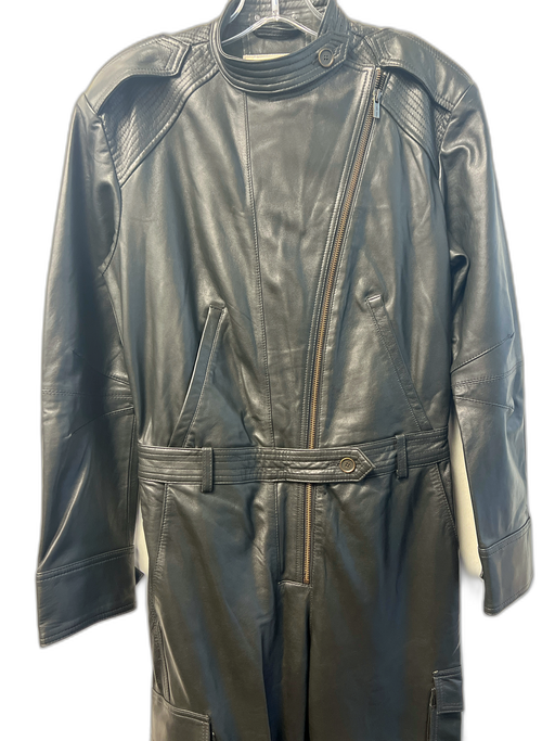 Zara Size Medium Black Leather Front Zip Attached Belt Side Pocket Jumpsuit Black / Medium