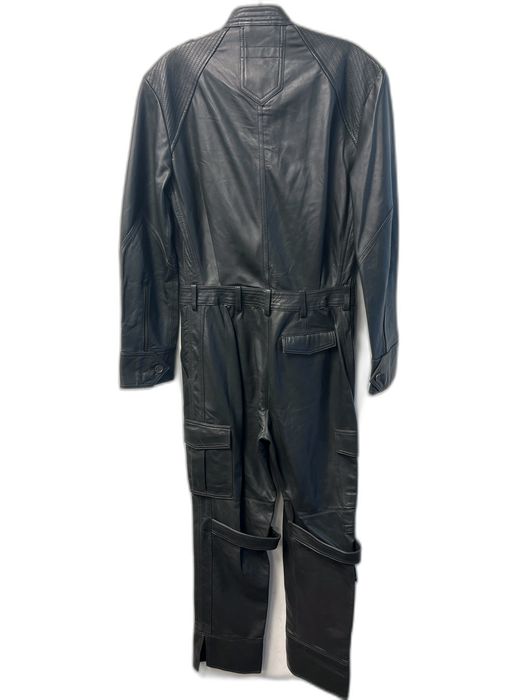 Zara Size Medium Black Leather Front Zip Attached Belt Side Pocket Jumpsuit Black / Medium