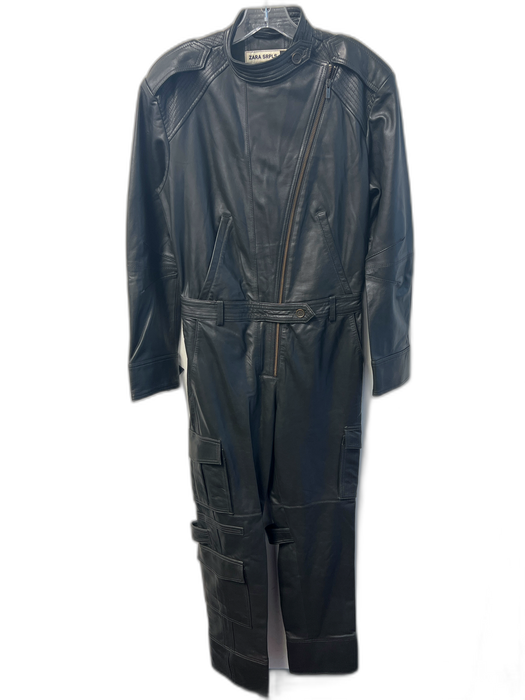 Zara Size Medium Black Leather Front Zip Attached Belt Side Pocket Jumpsuit Black / Medium