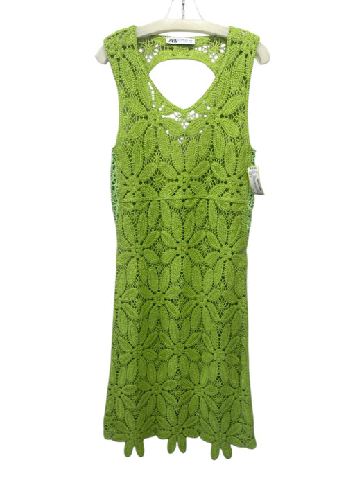 Zara Size S Lime Green Cotton Crochet Flowers Cut Out back Midi Dress Lime Green / S