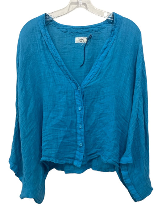 Sunday Saint-Tropez Size One Size Cerulean Blue Linen Button Down Cropped Top Cerulean Blue / One Size