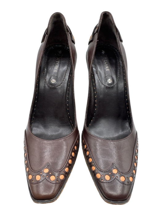 Celine Shoe Size 36 Brown & Orange Leather Contrast Stitch Wing Tip Pumps Brown & Orange / 36