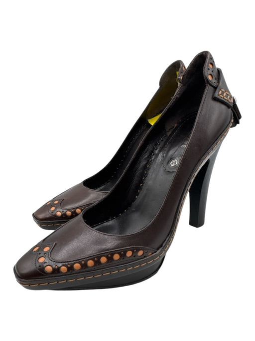 Celine Shoe Size 36 Brown & Orange Leather Contrast Stitch Wing Tip Pumps Brown & Orange / 36