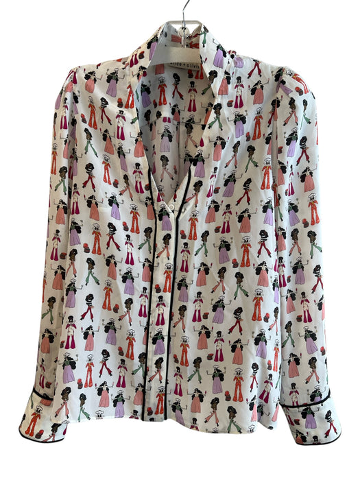 Alice & Olivia Size Est M White & Multi Silk Long Sleeve Button Down Top White & Multi / Est M