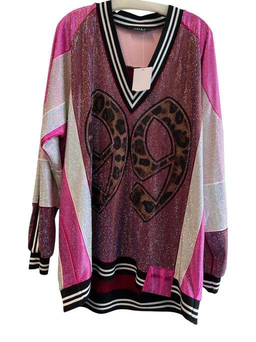 Akira Size Medium Pink & Multi Cotton V Neck Long Sleeve Oversize Top Pink & Multi / Medium