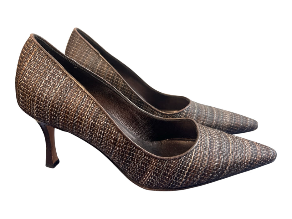 Manolo Blahnik Shoe Size 36.5 Brown Fabric Pointed Toe High Heel Pump Shoes Brown / 36.5