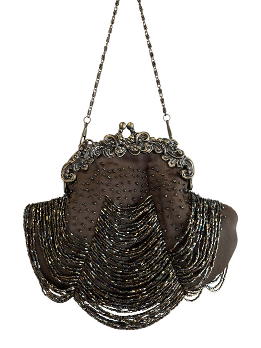 No Brand Brown Sateen Beads Twist Close Evening Chain Bag Brown / Small