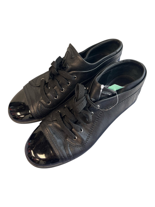 Chanel Shoe Size 36 Black Leather Patent Leather Toe Cap Low Top Lace Up Shoes Black / 36