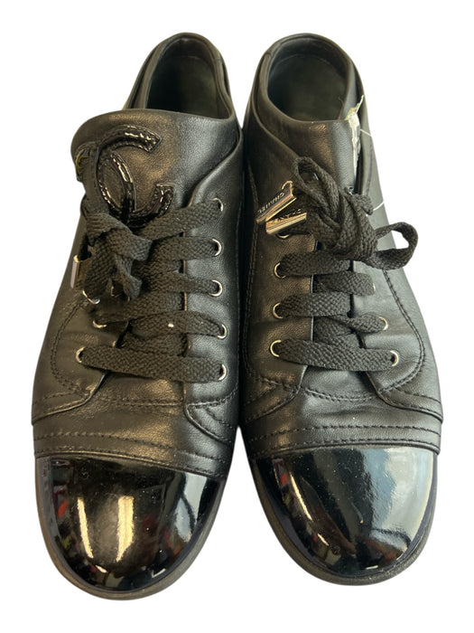 Chanel Shoe Size 36 Black Leather Patent Leather Toe Cap Low Top Lace Up Shoes Black / 36