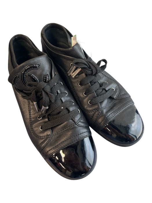 Chanel Shoe Size 36 Black Leather Patent Leather Toe Cap Low Top Lace Up Shoes Black / 36